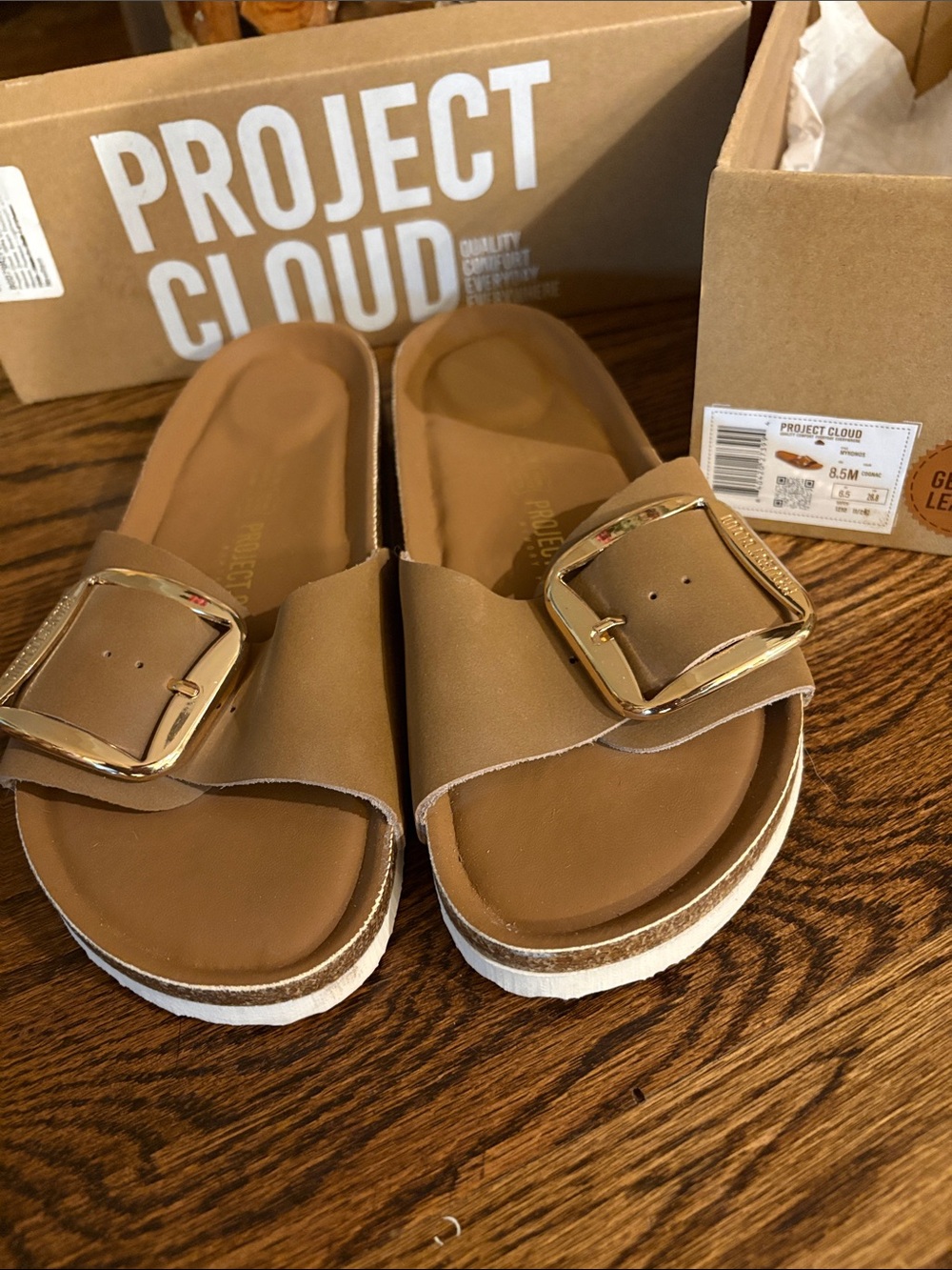 Project Cloud Gold-Buckle Tan Slide Sandals 8.5
